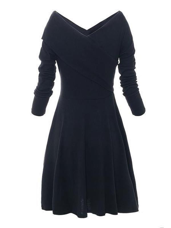 Vintage Solid V-Neck Long Sleeves Midi Dresses
