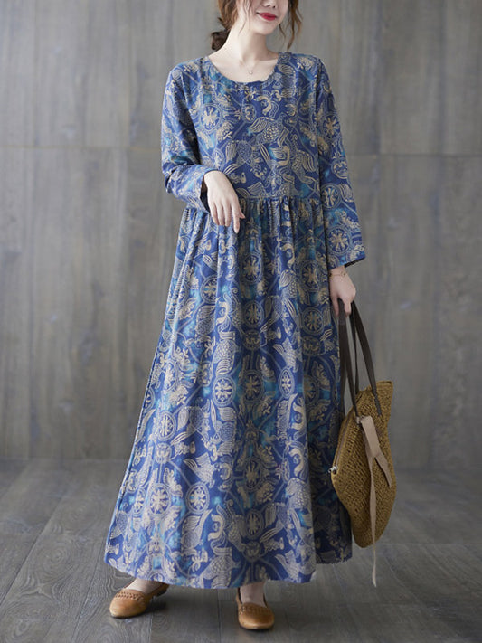 Vintage Ramie Cotton Floral Printed Round-Neck Long Sleeves Maxi Dress