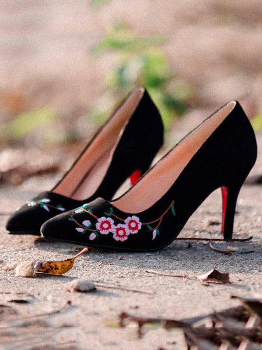 Pretty Embroidered Floral High Heels