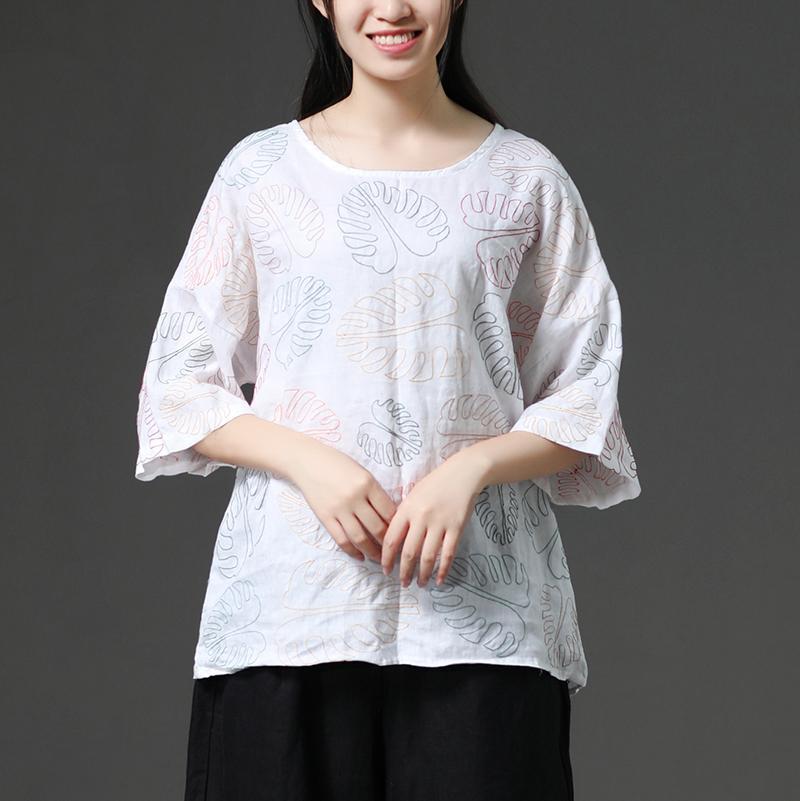 Casual Leaves Short Sleeve Cotton White Shirt