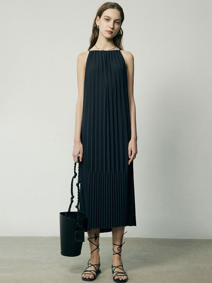 Fashion Spaghetti-Neck Solid Color Pleated Vest Dress Midi Dress