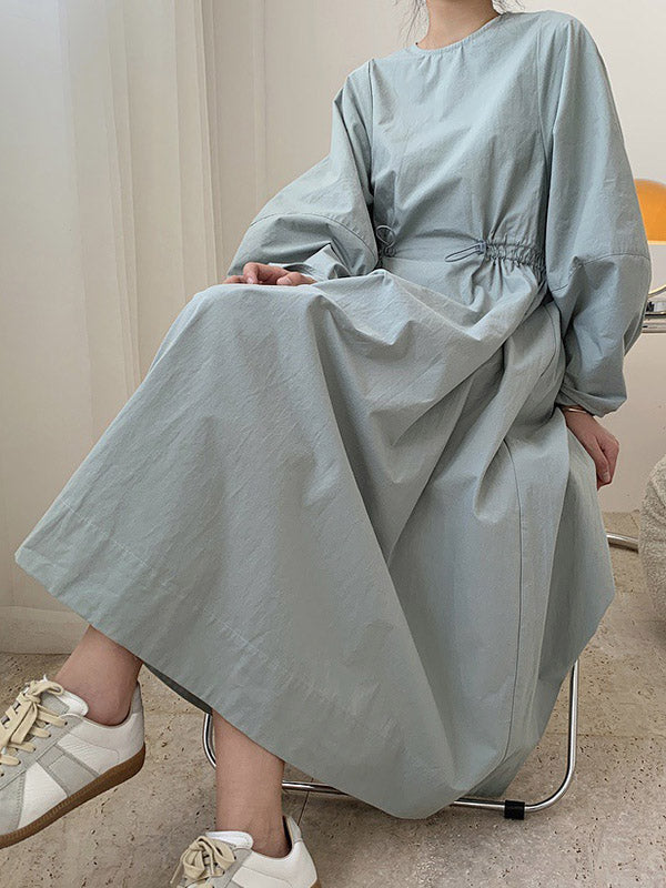 Simple Solid Color Round-Neck Pleated Long Sleeves Midi Dress