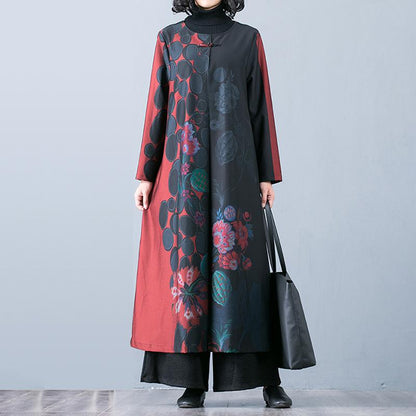 Buykud Floral Print O-Neck Casual Elegant Trench Coat