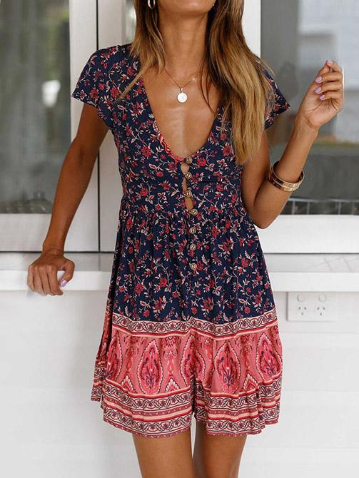V-neck Bohemia Printed Button-with Mini Dresses