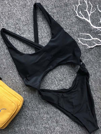 Backless Plain One-piece Swimsuit