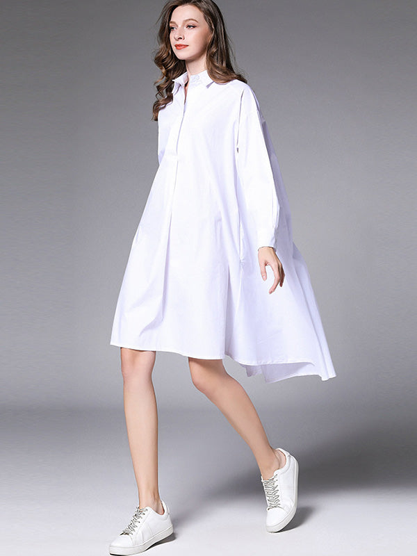 Simple Loose 4 Colors Buttoned Lapel Collar Raglan Sleeves High-Low Midi Dress