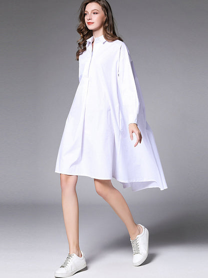 Simple Loose 4 Colors Buttoned Lapel Collar Raglan Sleeves High-Low Midi Dress