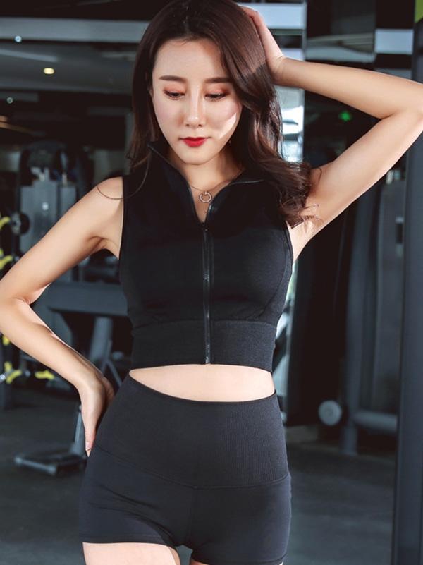 Solid Sleeveless Zipper Wrap Sports Vest Top