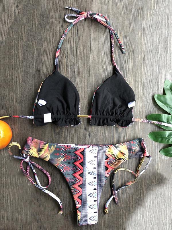 Retro Printed Bandage Split Bikini Swimsuit