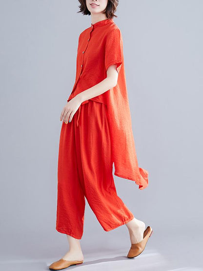 Loose Stand Collar Shirt + Wide Leg Pants Suit