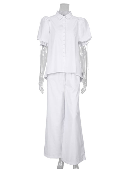 Original Bishop Sleeve Lapel Solid Color Blouse Top+Wide Leg Pants 2 Pieces Set