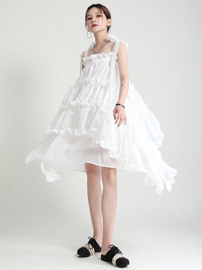 Stylish Cropped Pleated Split-Joint Bandage Spaghetti-Neck Midi Dress