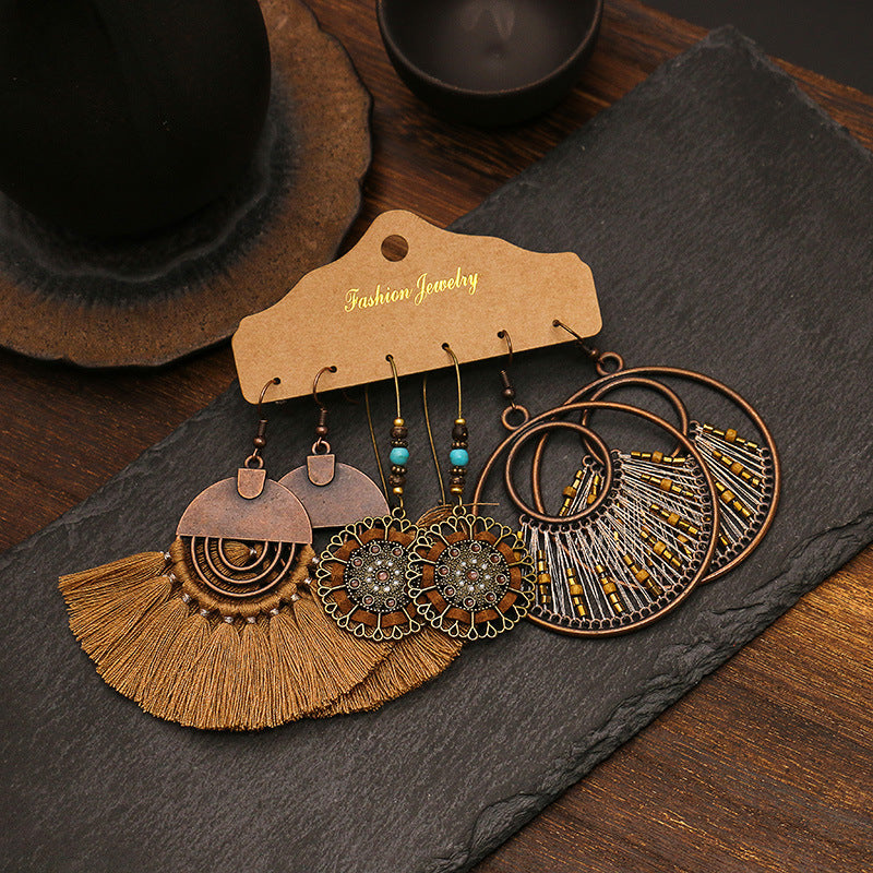 Leaf tassel vintage combination earrings