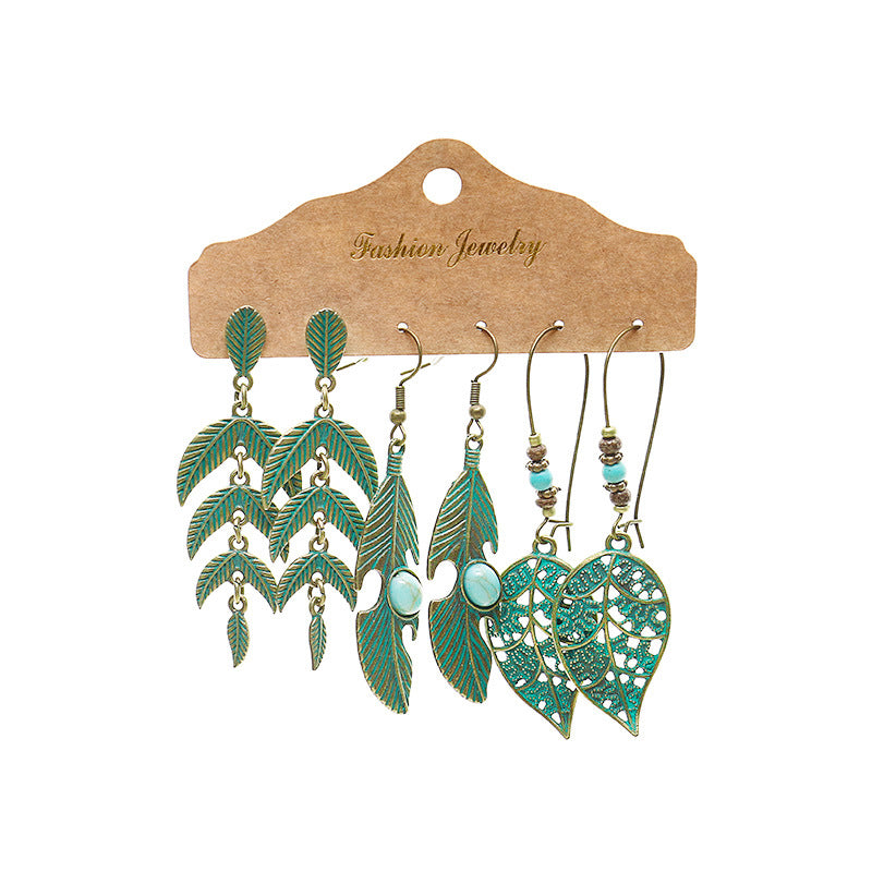 Leaf tassel vintage combination earrings