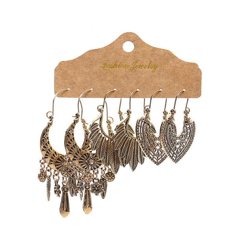 Leaf tassel vintage combination earrings
