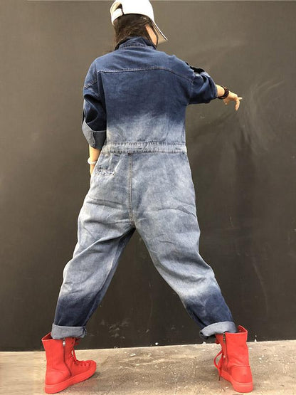 Loose Denim Gradient Lapel With-pockets Jumpsuits