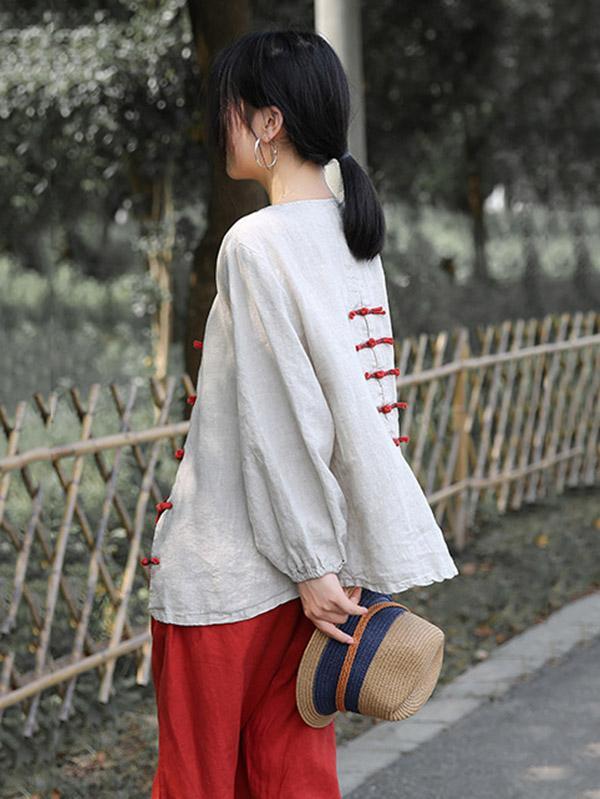 Artistic Retro Buckle Blouse Tops