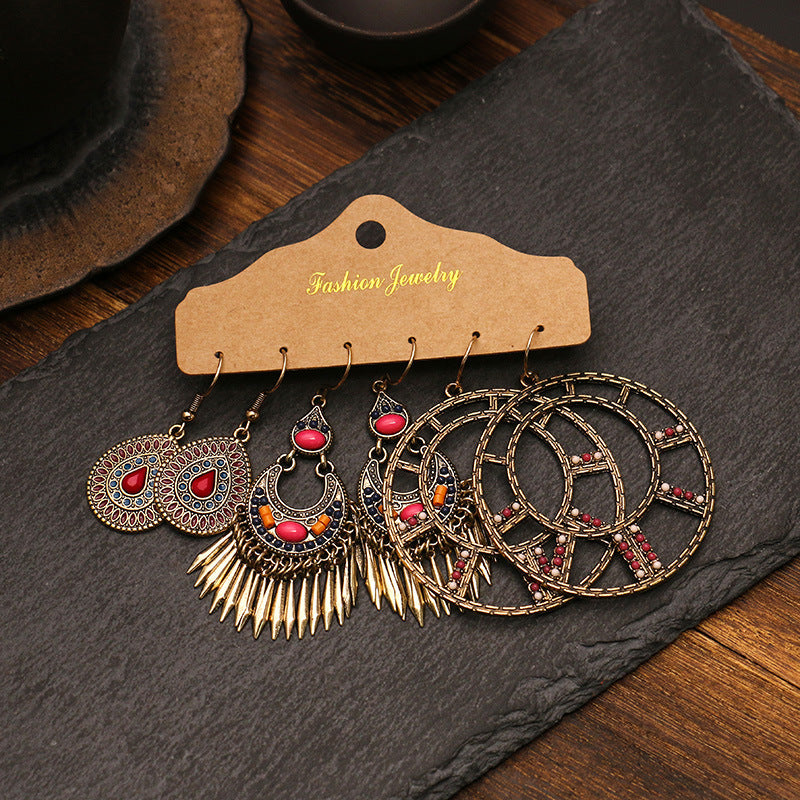 Leaf tassel vintage combination earrings