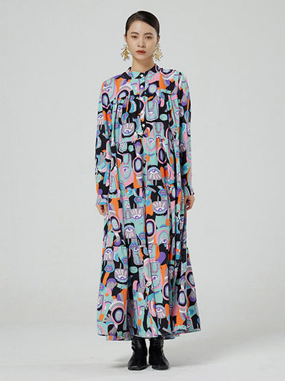 Original Abstract Printed Stand Collar Long Sleeves Midi Dress