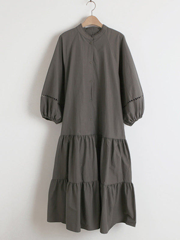 Casual Solid Color Pleated Buttoned Stand Collar Hollow Puff Sleeves Midi Dress