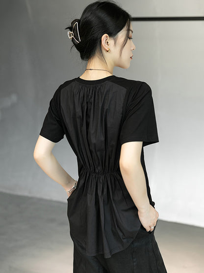 Stylish Split-Joint Black&Blue Back-Pleats Short Sleeves T-Shirt