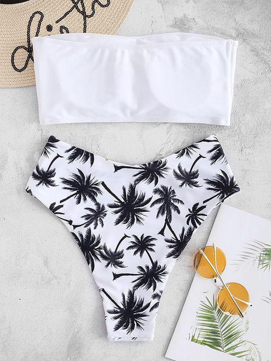 High Cut Coconut Tree High Waist Bikinis Swimwear