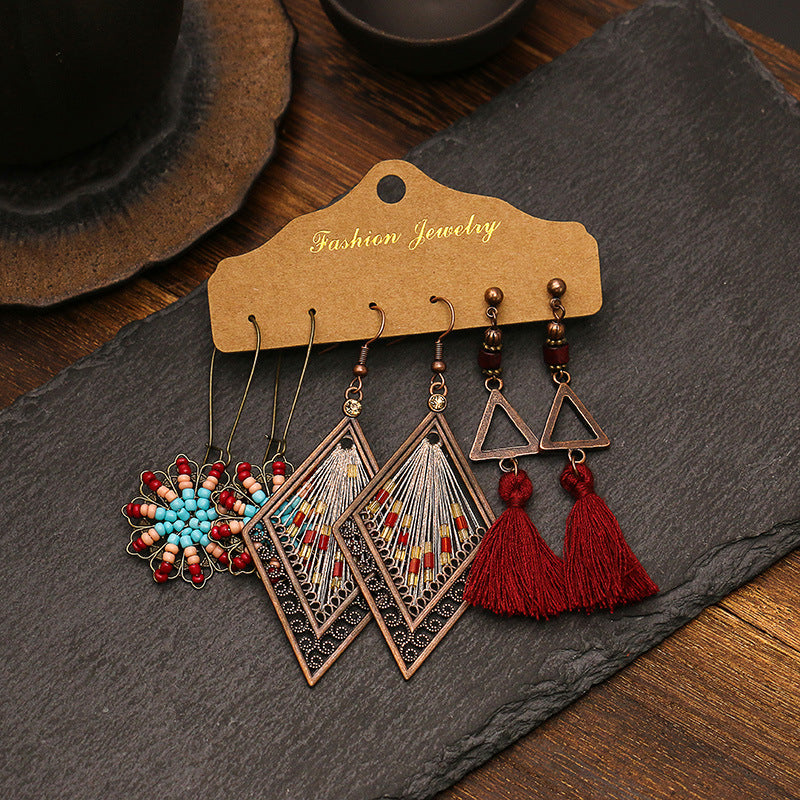 Leaf tassel vintage combination earrings