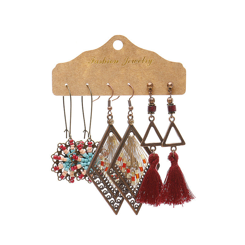 Leaf tassel vintage combination earrings