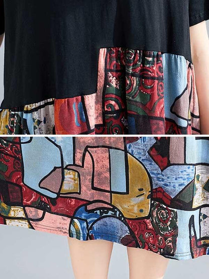 Loose Ramie Cotton Split-joint Floral Printed Midi Dress