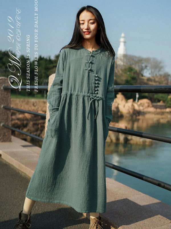 VINTAGE ELASTIC WAIST BUCKLE LACE-UP DRESS