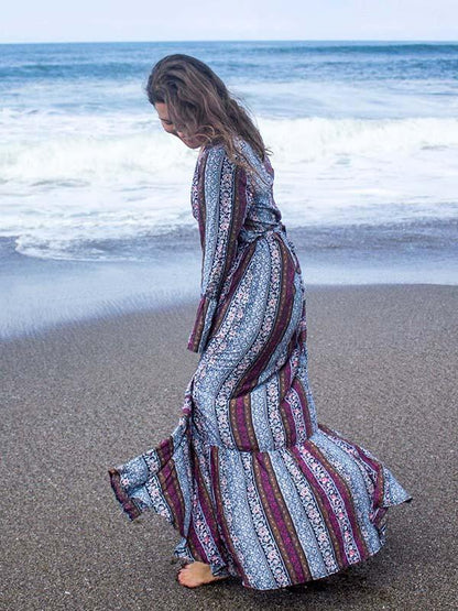 Pretty Chiffon Bohemia Floral Front Split with Tie Long Sleeve Maxi Dress