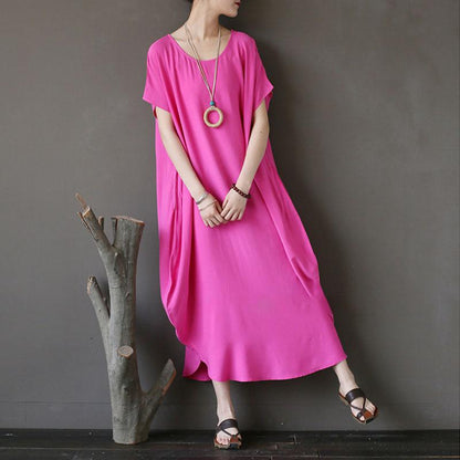 Women Cotton Short Sleeve Plain Pink Loose Dress