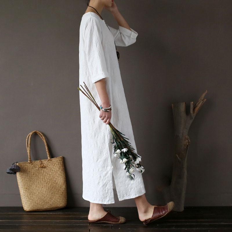 Women Cotton Jacquard Literature Retro Elbow Sleeve White Dress