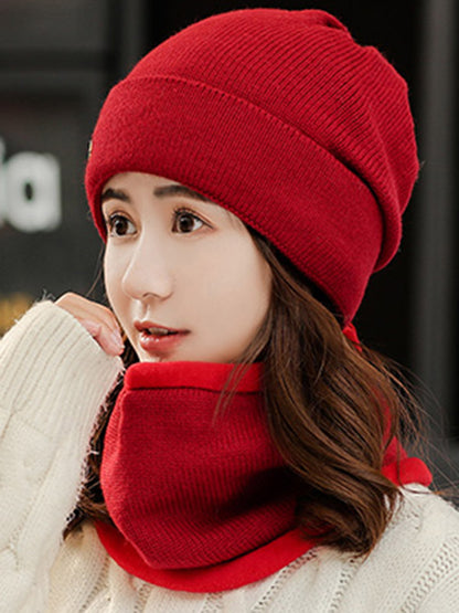 Casual Solid Color Keep Warm Knitted Scarf&Hat Two Pieces Set