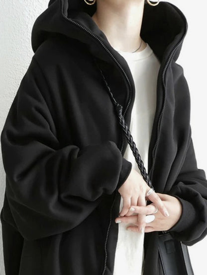 Urban Hooded Solid Color Zipper Batwing Sleeve Long Outerwear