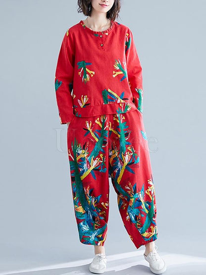 Casual Floral Printed Blouses&Pants Suits