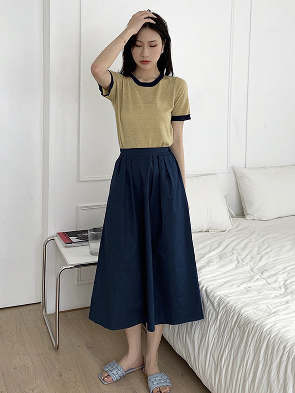 Casual Knitting Round-Neck Contrast Color T-Shirts Tops