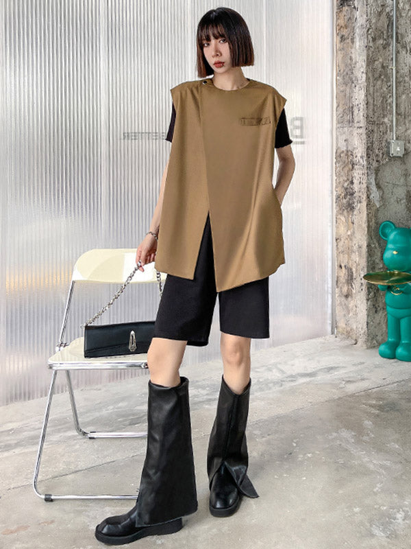 Urban Irregular Solid Color Buttoned Round-Neck Sleeveless Vest Outwear
