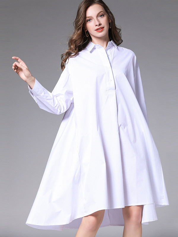 Simple Loose 4 Colors Buttoned Lapel Collar Raglan Sleeves High-Low Midi Dress