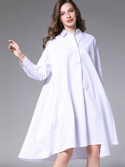 Simple Loose 4 Colors Buttoned Lapel Collar Raglan Sleeves High-Low Midi Dress