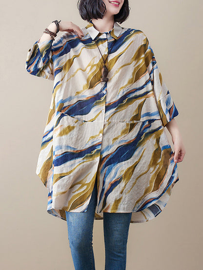 Artistic Retro Contrast Color Printed Split-Joint Blouse