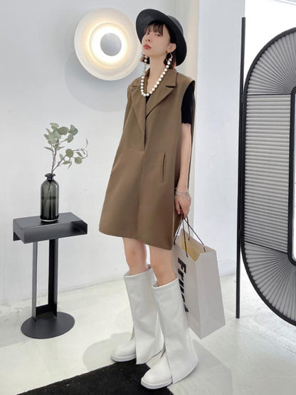Urban Solid Color Split-Joint Notched Collar Sleeveless Mini Blazer Dress