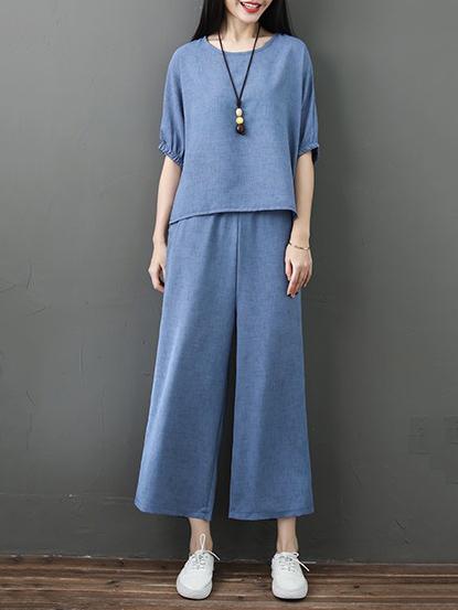 Solid  Short Sleeves Blouse + Wide Leg Pants Suit
