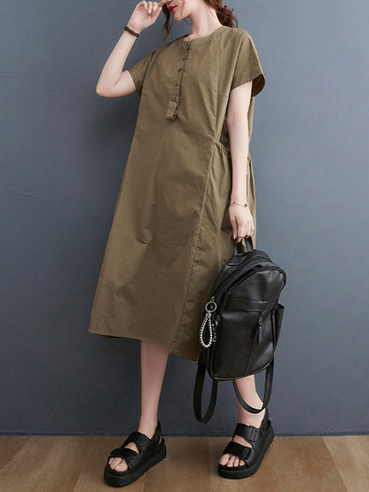 Casual Solid Color Round-Neck With Pocket Midi Dress
