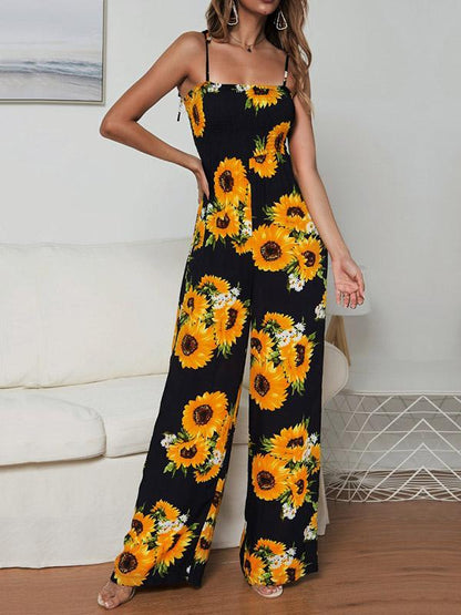 Sunflower Printed Spaghetti-neck Jumpsuits