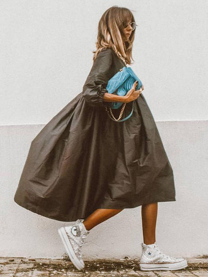 Loose High-Low Pleated Half Sleeves Round-Neck Midi Dress