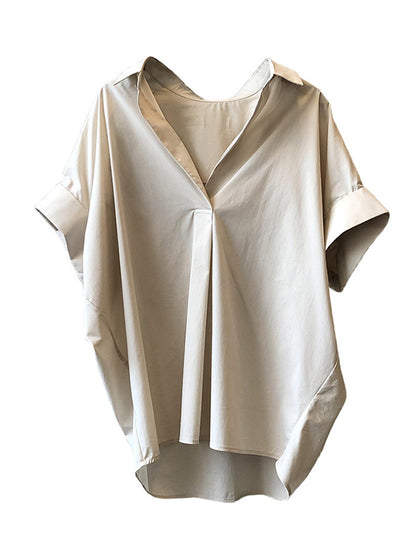 Simple Urban Solid Color Pleated Lapel Collar Short Sleeves Blouse