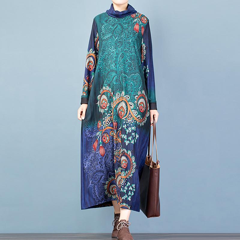 Buykud Printed Flocking Fashion Turtleneck Elegant Dress