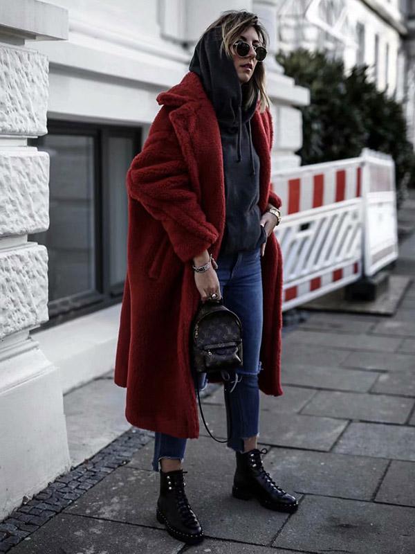 Loose Solid Lapel Fuzzy Coat