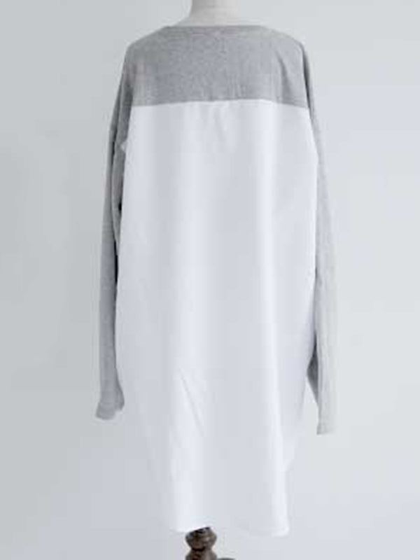 Casual Loose Color Matching Buttoned Split-Joint Split-Side High-Low Round-Neck Long Sleeves Sweatshirt